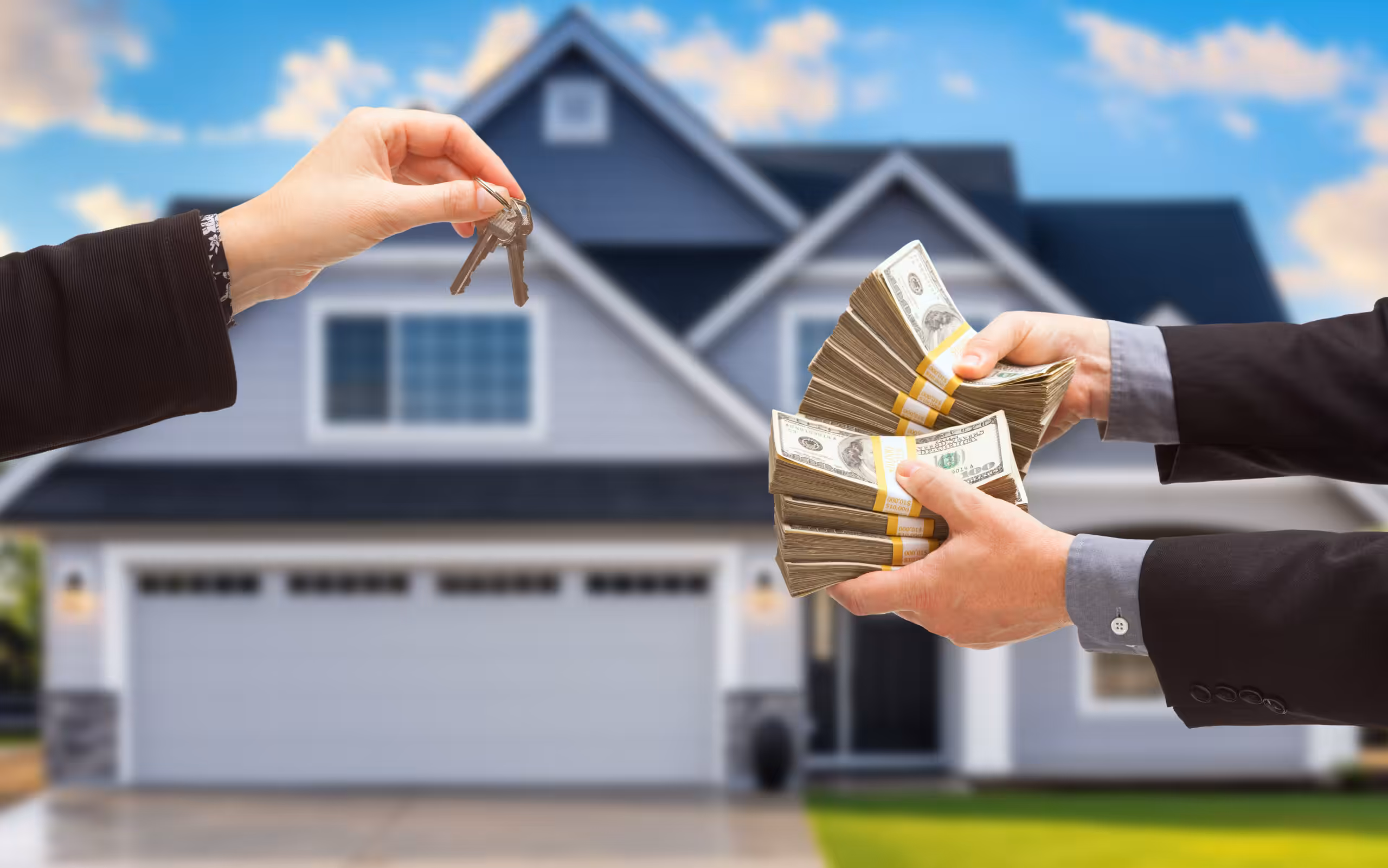 Real Estate Agent Handing Over House Keys for Stacks of Money in Front of New House.